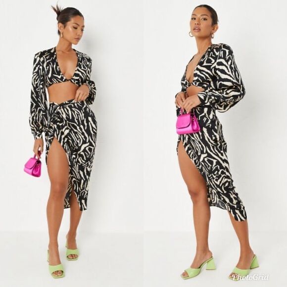 Missguided Zebra Tiger Animal Print Satin Midi Knee Length High Split Skirt - Picture 2 of 12